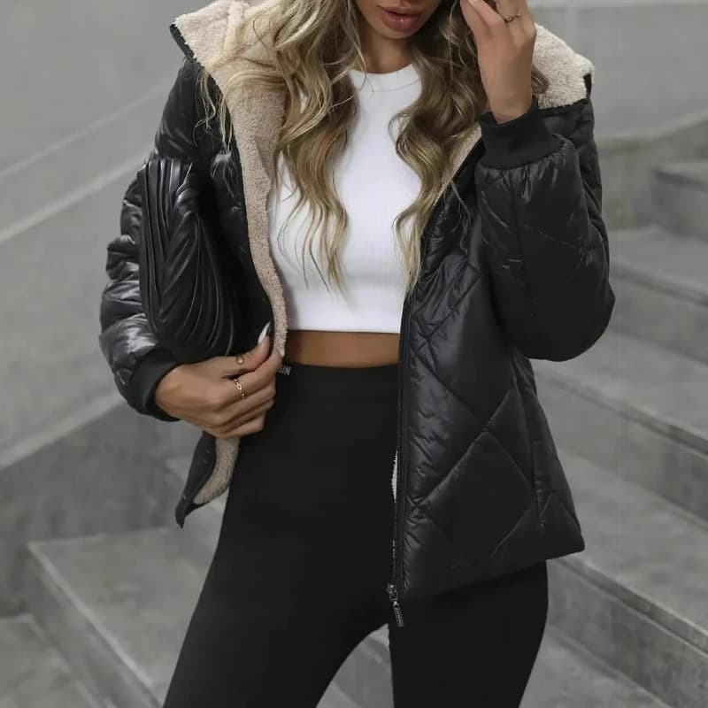 Hooded Short Coat Women Parkas Zipper Long Sleeve Cardigan Outerwear Solid Casual Warm Pocket Spliced Simple Jackets Winter 2025