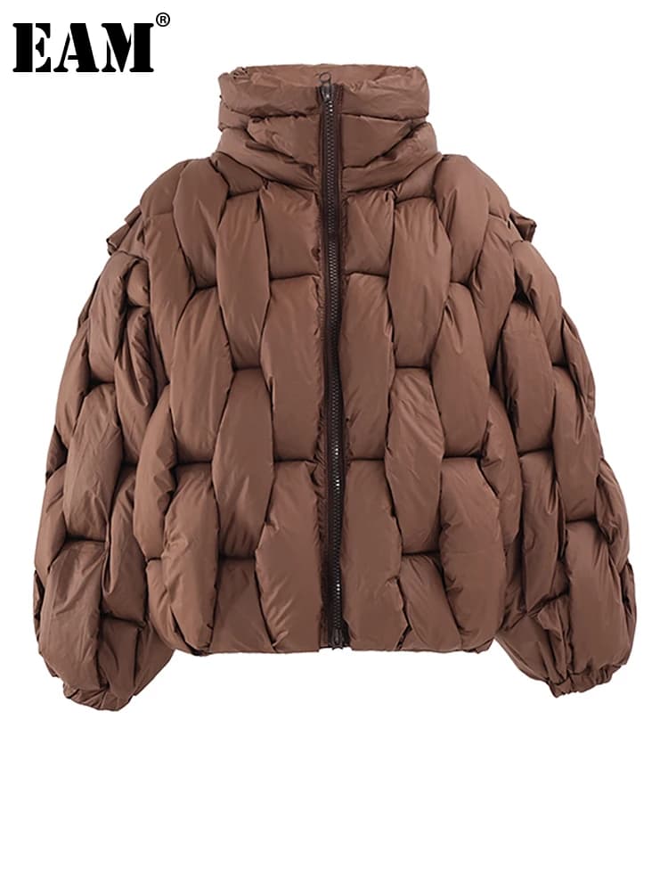 [EAM] Brown Thick Big Size Keep Warm Cotton-padded Coat Long Sleeve Women Parkas Fashion Tide New Autumn Winter 2026 CP3464