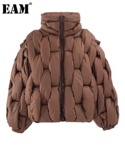 [EAM] Brown Thick Big Size Keep Warm Cotton-padded Coat Long Sleeve Women Parkas Fashion Tide New Autumn Winter 2026 CP3464