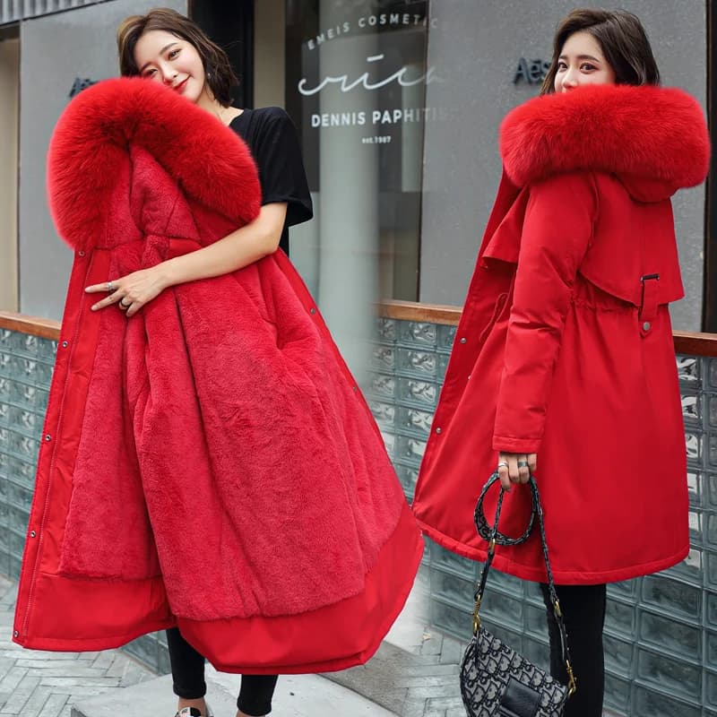 plus Size Parka Coat Women's Thickened Winter Jacket Korean Style Slim Fit Polyester Cotton Blend Hooded Zipper Closure
