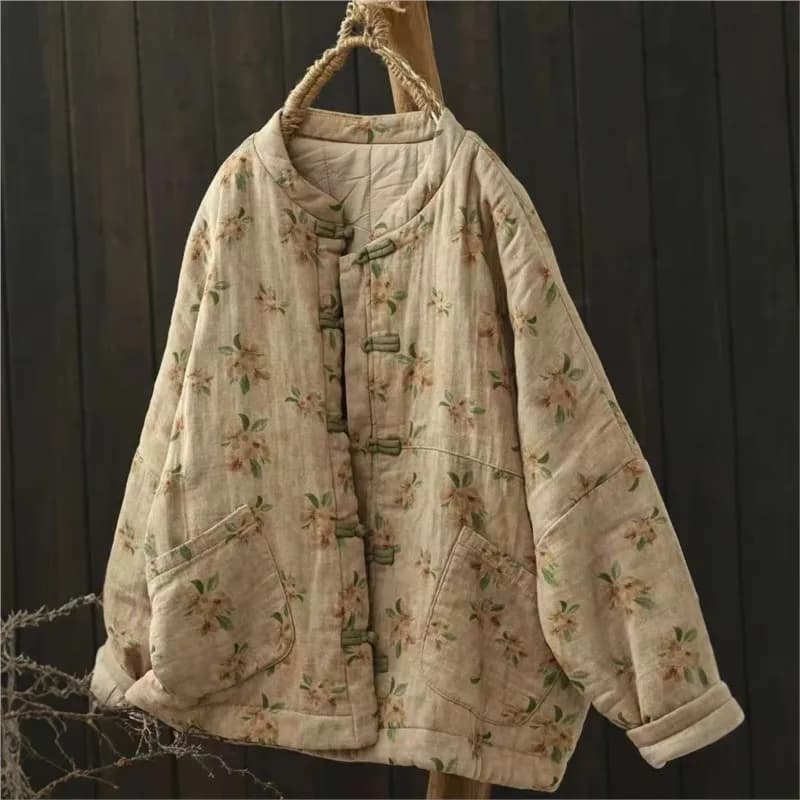 Johnature Vintage Buckle Floral Print Chinese Style Parkas 2025 Woman Winter New Long Sleeves Loose Single Breasted Parkas