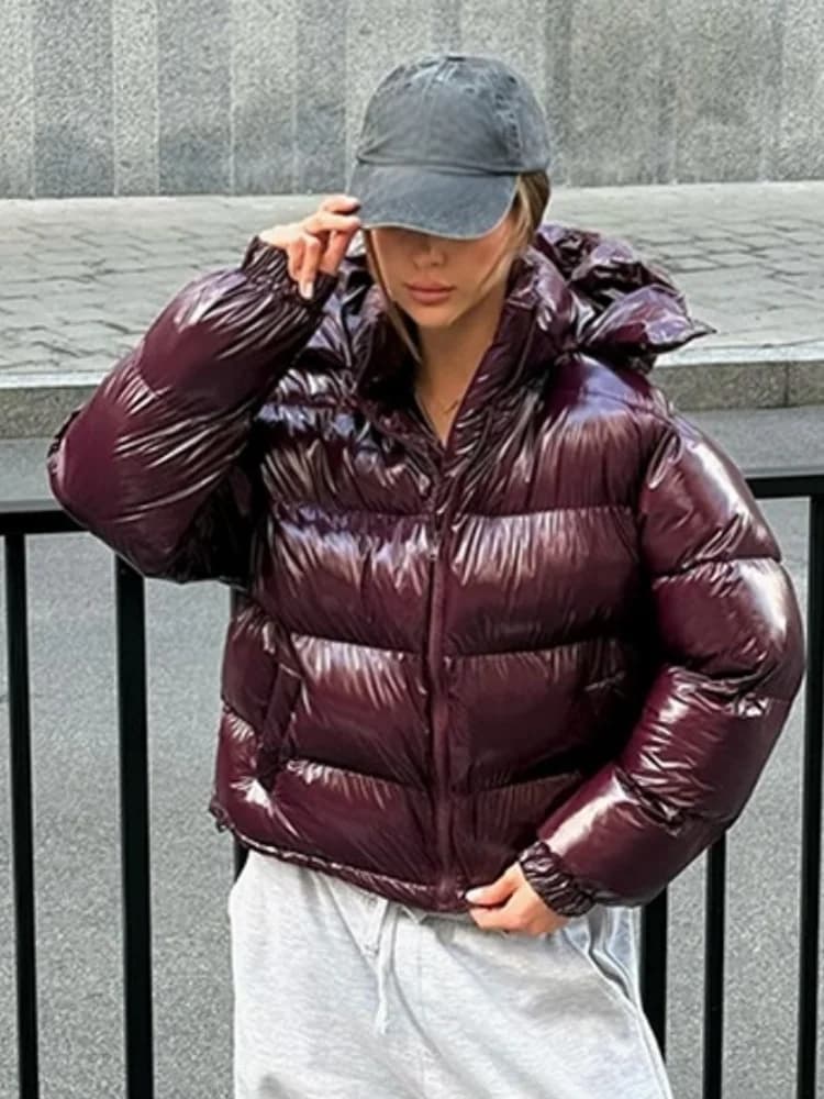 Casual Puffy Hooded Cotton Coats For Women Stand Collar Zipper Long Sleeve Warm Coat 2026 Autumn Lady Street Chic Down Jacket