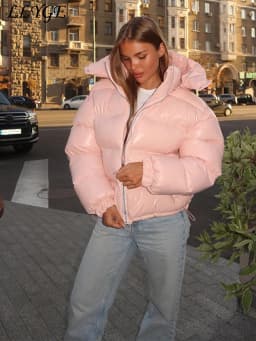 Casual Puffy Hooded Cotton Coats For Women Stand Collar Zipper Long Sleeve Warm Coat 2026 Autumn Lady Street Chic Down Jacket