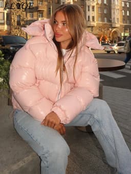 Casual Puffy Hooded Cotton Coats For Women Stand Collar Zipper Long Sleeve Warm Coat 2026 Autumn Lady Street Chic Down Jacket