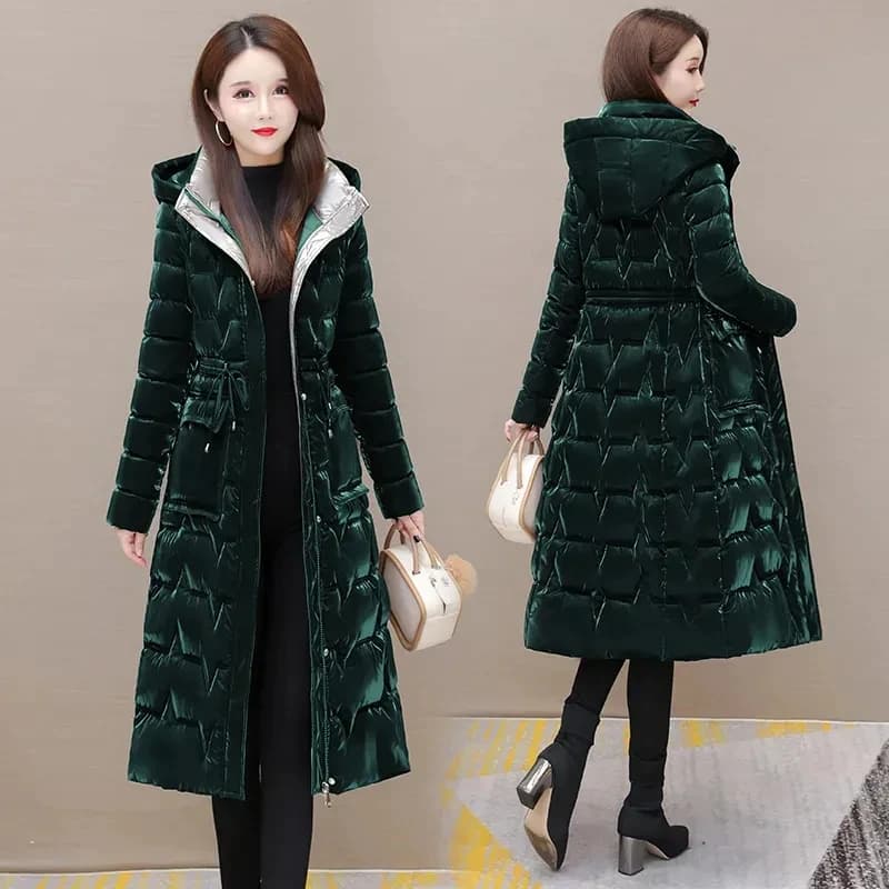 Thick Female Windproof Long Mother's Down Cotton Coat Women 2025New Winter Fashion Warm Slim Waist Wrapped Parkas Hooded Lace-Up