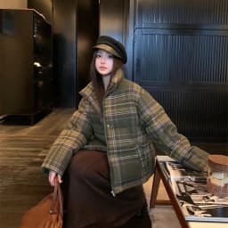Y2K Street Plaid Print Cotton-Padded Jacket Women Winter Thicken Warm Puffy Bread Coat Korean Retro Student Down Cotton Parkas