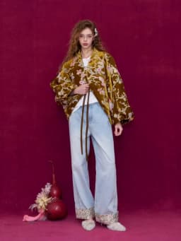 ELFSACK Chinese Velvet Jacket with Floral & Goldfish Embroidery, Royal Elegant Loose Coat , V-Neck Vintage Outerwear
