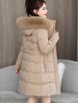 Detachable Fur Collar Thickened down Cotton Jacket Slimming Mid-Length Women's Korean Style Commute Pure Color Coat with Pocket