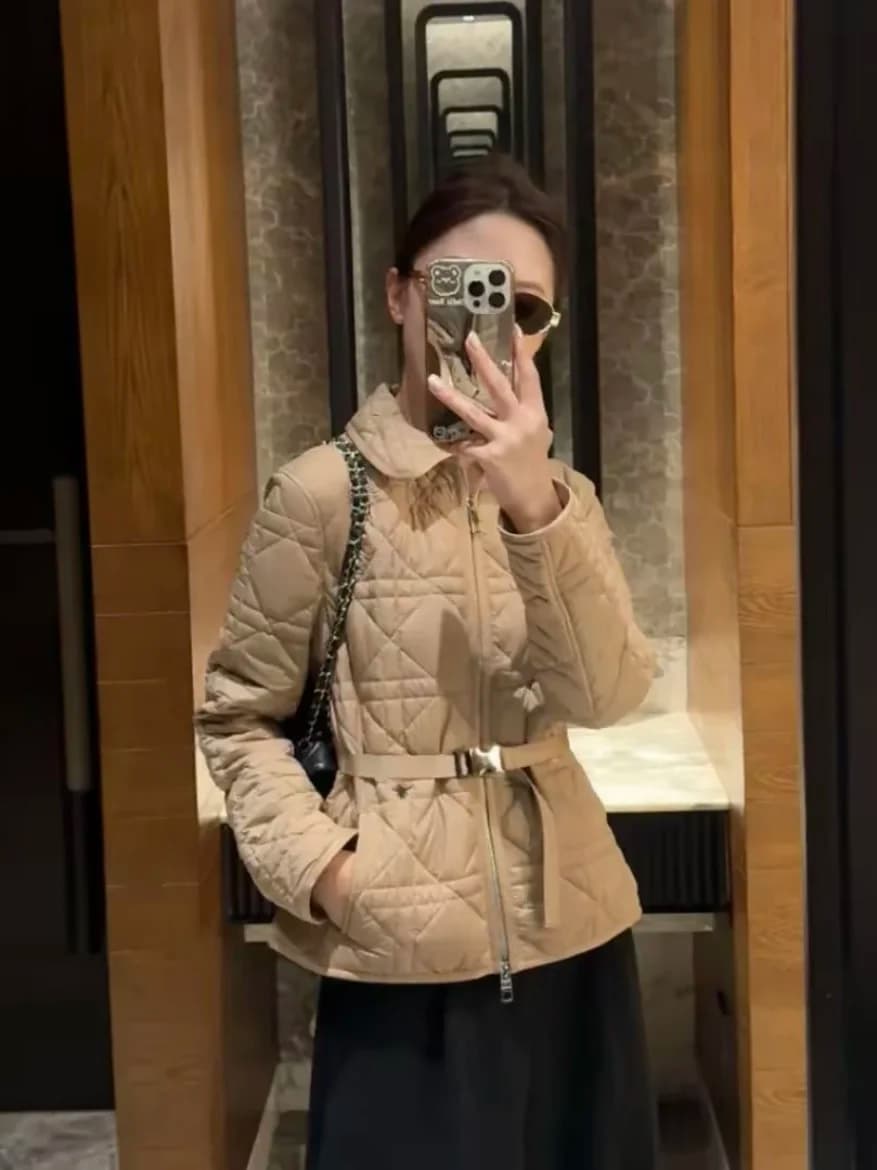 Lightweight Warm Cotton Jacket Women's Collar Diamond Pattern Commute Style Long Sleeve Zipper Closure Traditional Color Design