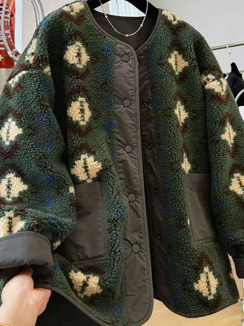 Women's Double-Sided Lamb Fur Jacket Mid-Length Thickened Printed Coat Korean Style Loose Fit Long Sleeve round Neck Coat