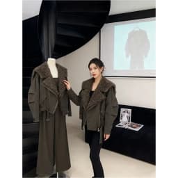 Women Warm Wool Perm Oversized Thick Coat Winter Fashion Faux Fur Collar Padded Jacket Drawstring Waist Streetwear Chic Tops