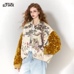 ELFSACK 2026 Oriental Royal Winter Jacket Women, Velvet Sleeve Horse Print Loose Coat, Winter Outerwear with Pine Print