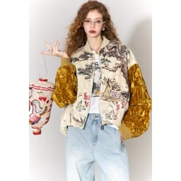 ELFSACK 2026 Oriental Royal Winter Jacket Women, Velvet Sleeve Horse Print Loose Coat, Winter Outerwear with Pine Print