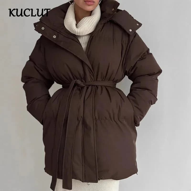 KUCLUT 2025 Winter Fashion Casual Lace-up Waisted Hooded Mid-Length Jacket For Women Solid Color Thickened Cotton Coat 1A1207