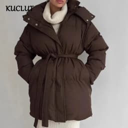 KUCLUT 2025 Winter Fashion Casual Lace-up Waisted Hooded Mid-Length Jacket For Women Solid Color Thickened Cotton Coat 1A1207