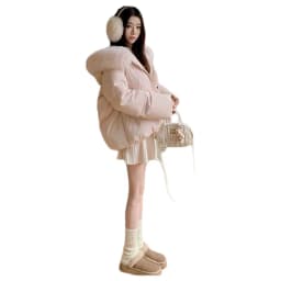 Pink Fur Collar Hooded Short down Jacket Women's Winter Thick Warm Outerwear Korean Style Loose Fit Cotton Padded Coat