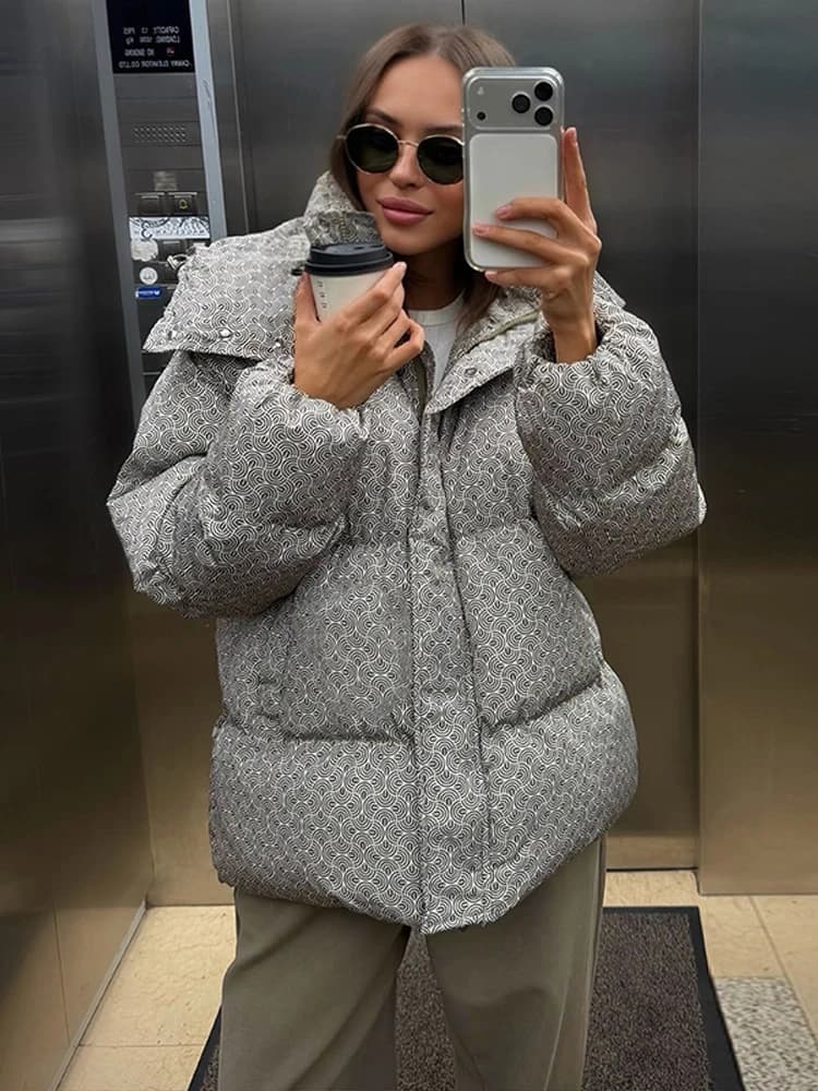 Printed Padded Coats For Women Hooded Jackets Trendy Casual Outerwear Winter Warmed Tops Waist-Cinching Woman Fashion Clothes