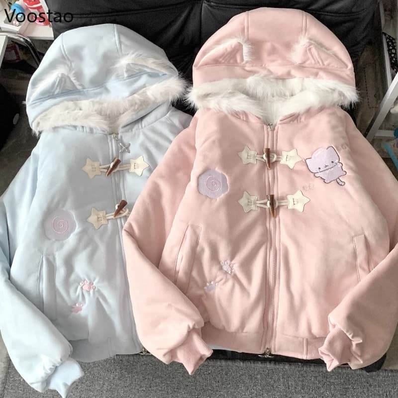 Japanese Kawaii Lolita Style Parkas Women Sweet Cartoon Cat Embroidery Casual Hooded Coat Girls Y2k Aesthetic Warm Plush Jacket