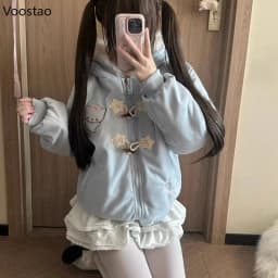 Japanese Kawaii Lolita Style Parkas Women Sweet Cartoon Cat Embroidery Casual Hooded Coat Girls Y2k Aesthetic Warm Plush Jacket