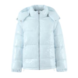 New Winter Fashion Women Bright Light Blue Zipper Up Bread Parka Coat Woman Stand Collar Removable Hooded Long Sleeve Outerwear