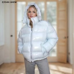 New Winter Fashion Women Bright Light Blue Zipper Up Bread Parka Coat Woman Stand Collar Removable Hooded Long Sleeve Outerwear