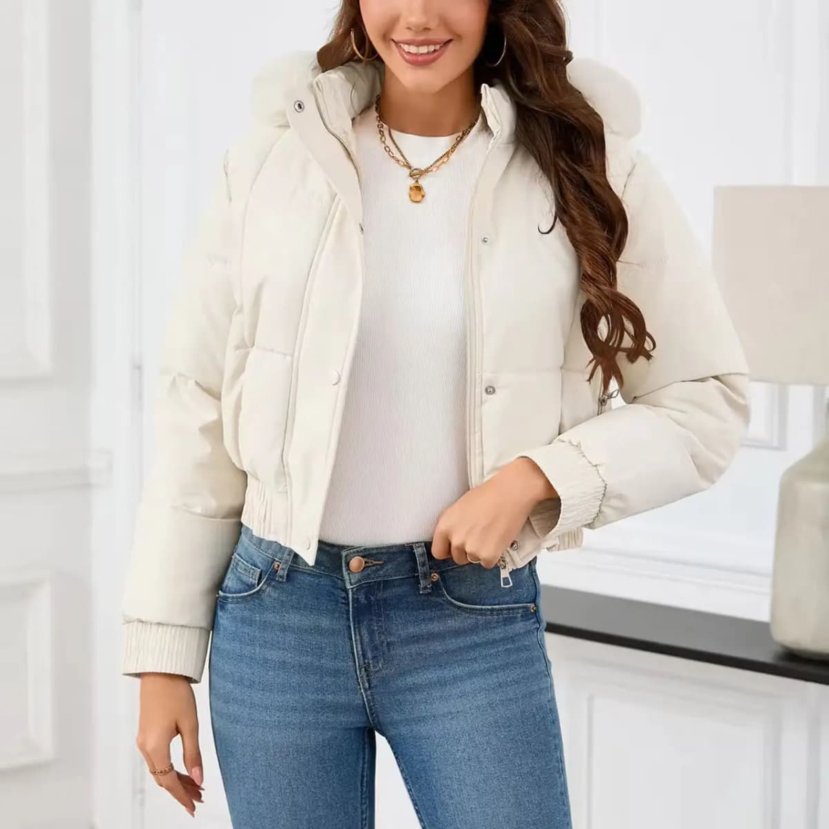 New Winter Warm Hooded Down Cotton Jacket Women Thickened Fleece Lining Big Fur Collar Long Sleeve Short Parkas Jacket Coat