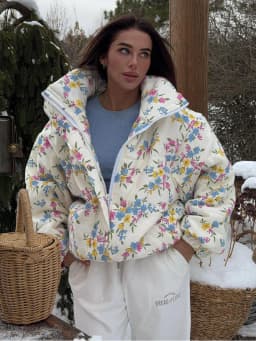 Wolfeel New Women's Puffer Jacket Oversized Stand Up Collar Zipper Closure Floral Print Warm Cotton Filled Coat Autumn Winter