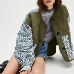 Cotton Printed Puff Sleeve Collarless Spliced Button Lightweight Cotton Jacket for Autumn/Winter 2025