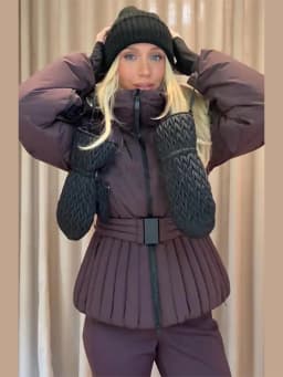 Women Peplum Ski Jackets Hooded Stand Collar Belt Waist Zipper Solid Puffer Jacket Fashion Sheath Warm Sport Winter 2025 Skiwear