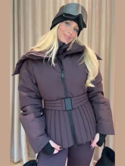Women Peplum Ski Jackets Hooded Stand Collar Belt Waist Zipper Solid Puffer Jacket Fashion Sheath Warm Sport Winter 2025 Skiwear