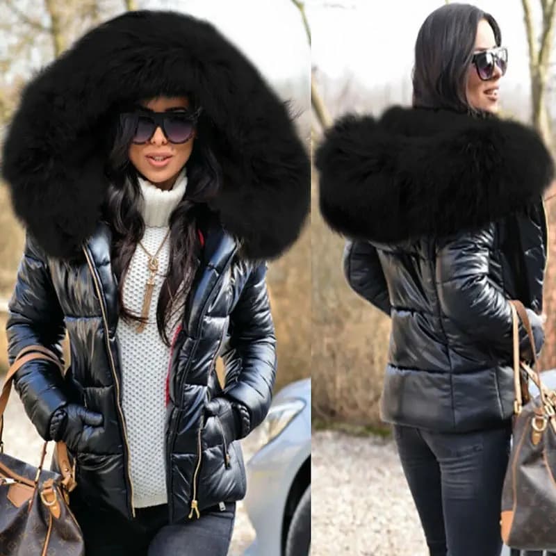 New Hood Solid Color Fur Hooded Jacket Autumn Winter New Women's Cotton-Padded Down Short Parka Coat Jacket Fashion Casual