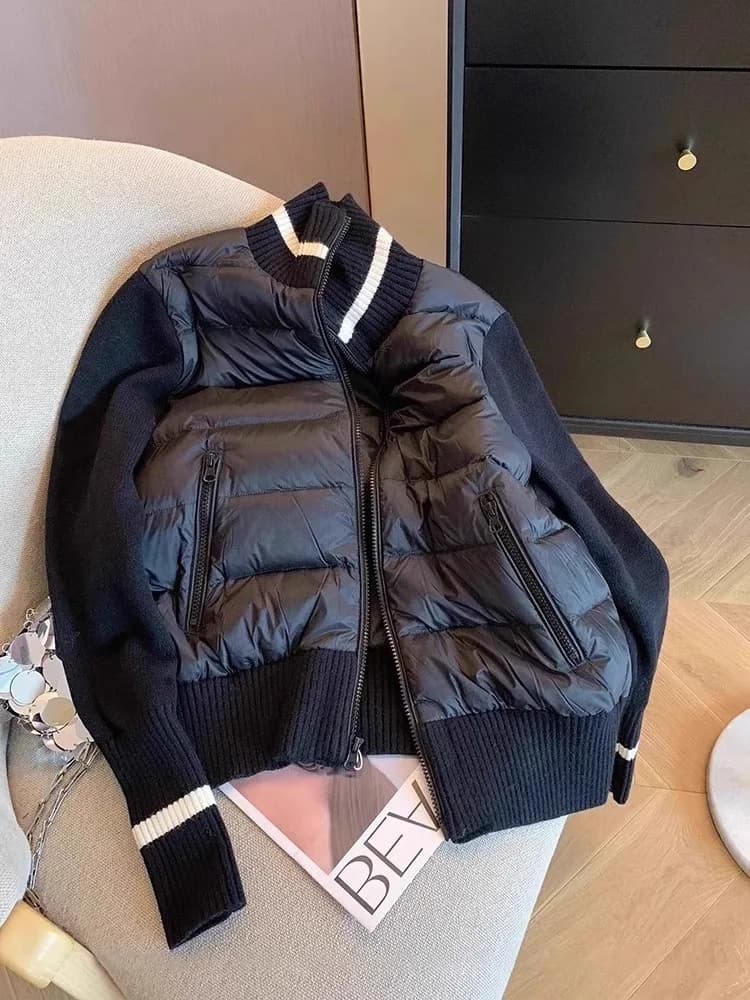 Women's Down Cotton Jacket Autumn Winter Color Contrast Splicing Knitted Long Sleeve Coats Lightweight Stand Collar Outerwear