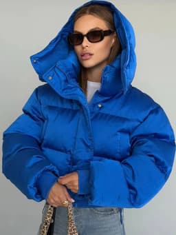 Women's Cropped Puffy Jacket Detachable Hood Drawstring Waist Drop Shoulder Long Sleeve Loose Padded Winter Down Jackets