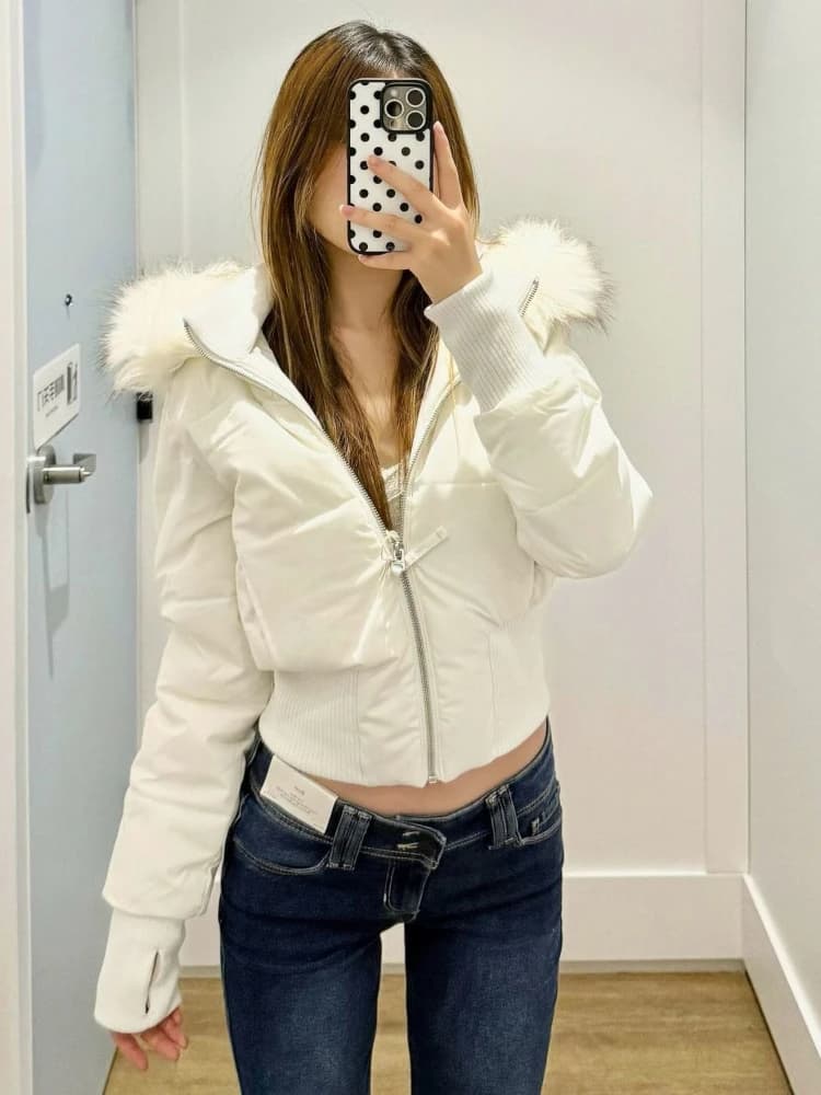Aesthetic Vintage Short Zipper Padded Coat Women Winter Design Long Sleeve Fur Collar Outerwear Casual Retro New Down Jacket