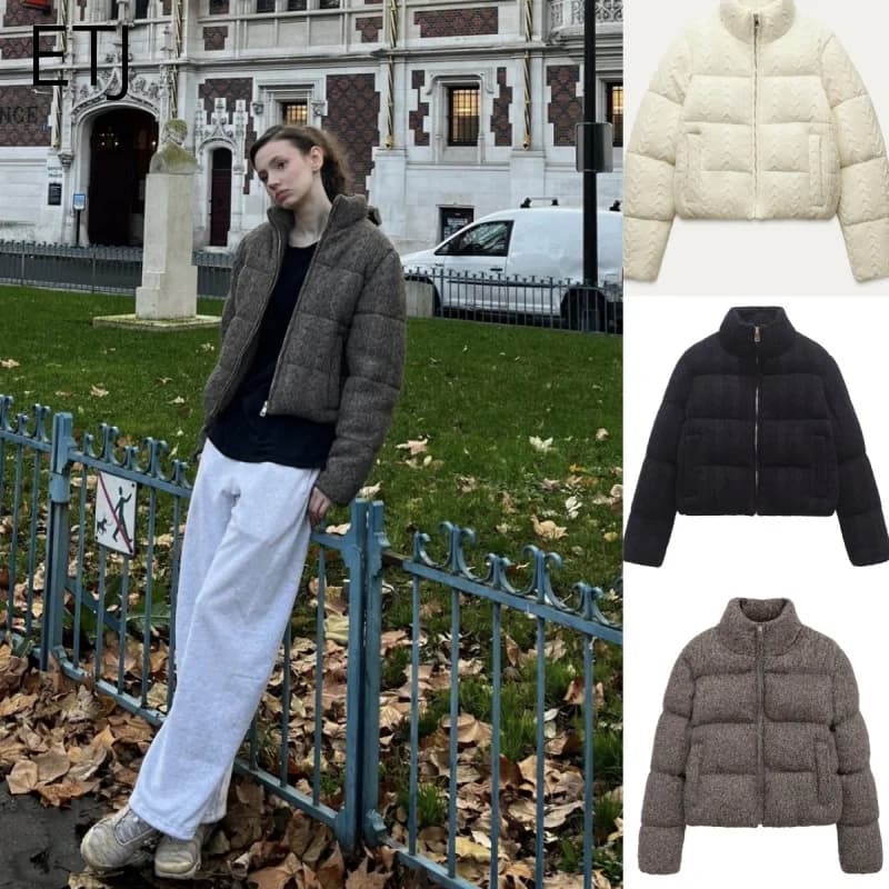 ETJ 2025 Winter new women's fresh and elegant white turtleneck knitted thick cotton jacket warm bread jacket 6318229