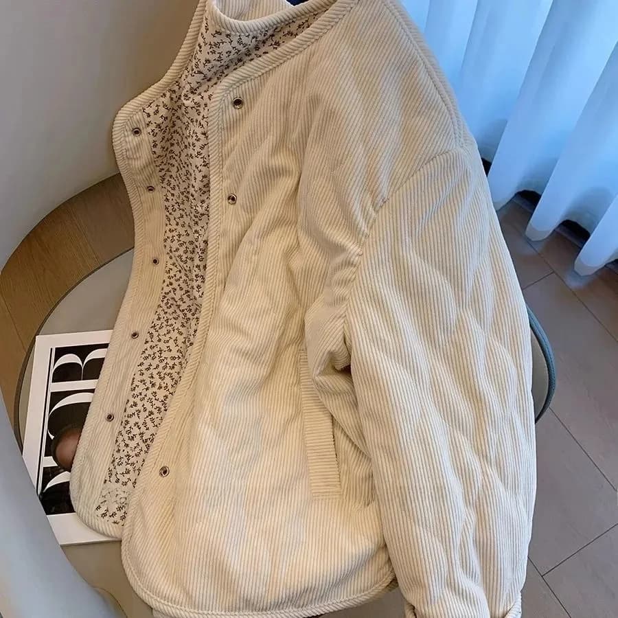 Women's Loose Fit Cotton Jacket Autumn Winter Thickened Patchwork Diamond Pattern Velvet Floral Print Outerwear Coat