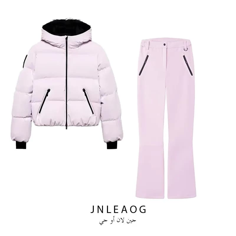 JNLEAOG Autumn New Women's Fashion Ski Series Cotton Jacket Long Pants Street Style Hooded Zipper Closure Regular Fit Pure Color