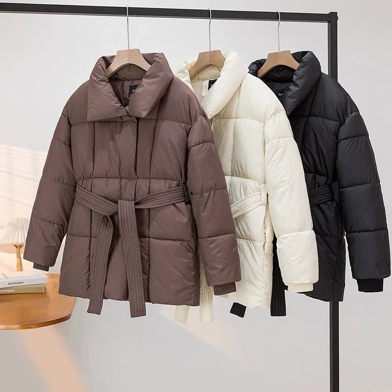 Advanced with Waist Cinching Tie Up Black Cotton Jacket Women's 2026 Winter New Korean Version Stand Collar Coat Female Parkas