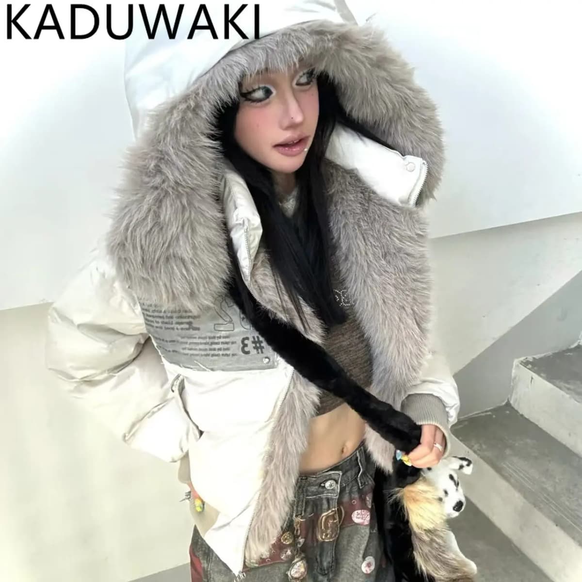 American Vintage Winter Clothes New Fashion Loose Casual Fur Collar Hooded Parkas Harajuku Grunge Streetwear Y2k Jackets Outwear