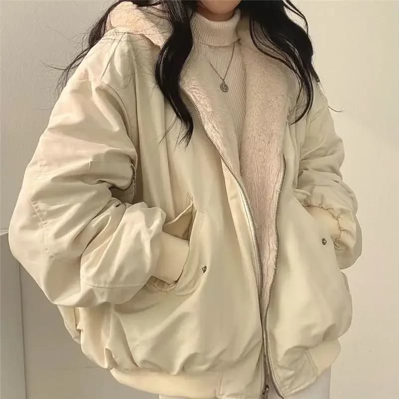 Thickened Two-Sided Wear Lambswool Cotton Jacket Korea Down Women's Winter New Zipper Hooded Parkas