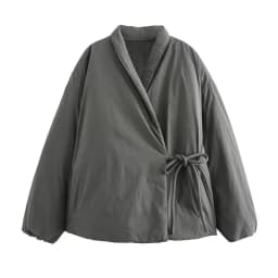Casual Gray Lace Up Coat Women Cotton V-neck Luxury Pocket 2025 Autumn Thick Jackets Female Chic Street All-match Outwear Tops