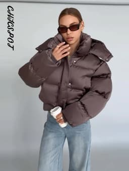 Women's Padded Jackets Hooded Stand Collar Zipper Cropped Coats Winter Female Lantern Sleeves Solid Loose Jacket New Outerwears