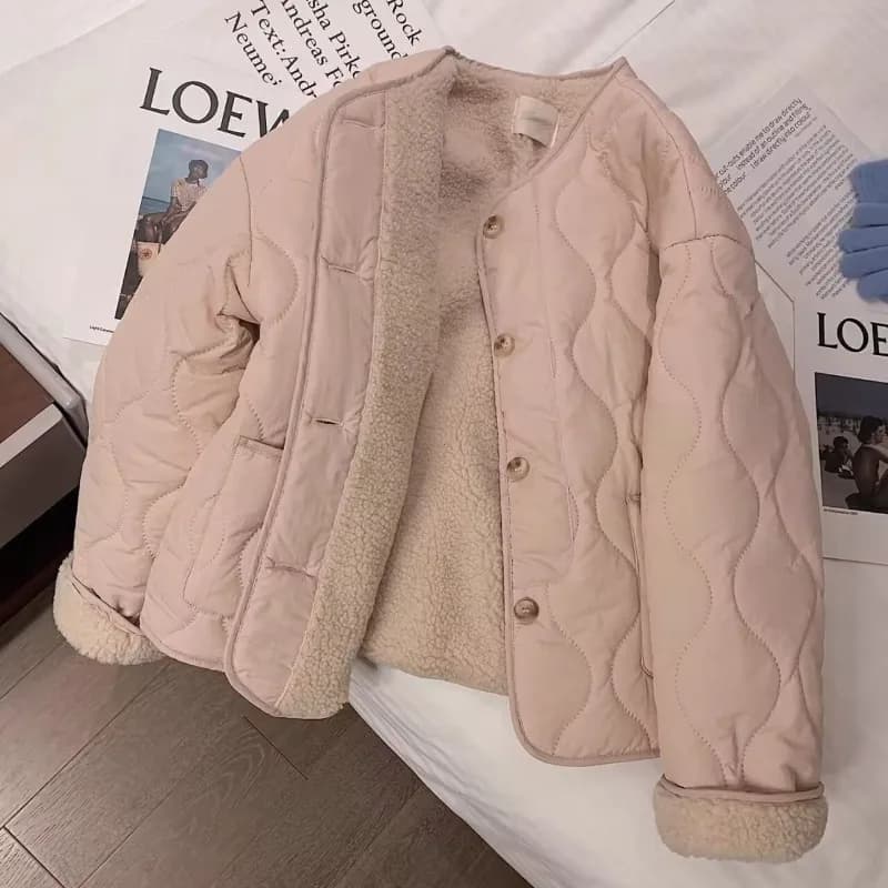 2026 Korean Sle Winter New Arrival Pink Lamb Velvet Cotton Coat Women's Thiened Round Neck Cotton Coat Loose Fit Long Sleeve