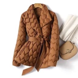 Winter Temperament Water Ripple Quilted Lightweight Down Cotton Jacket Lapel Waist Cinched Mid Length Elegant Cotton Coat