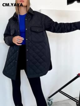 CM.YAYA Vintage Women Argyle Long Sleeve Single Breasted Lapel Collar Slim Parkas Jacket 2022 Autumn Winter Warm Trench Outwear