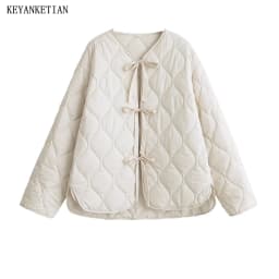 KEYANKETIAN 2024 Autumn/Winter New Women's Bow Lace-up Quilted Cotton Jacket Leisure style Asymmetrical Loose Thin Outerwear