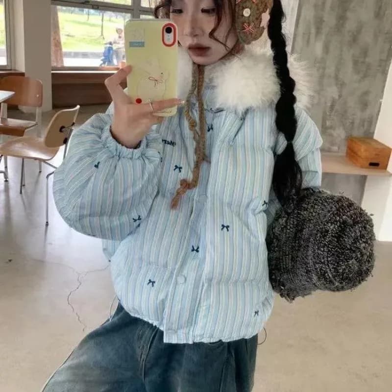 Women's Winter Tops Jacket Cotton Coat Striped Bow Thickened Warm Vintage Simple Comfortable Leisure Fashion New Niche Versatile