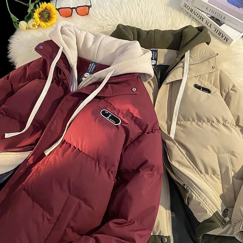 2026 Autumn winter New Fake two-piece Spliced Hooded Down cotton Jacket Women's Casual Loose Thicken Parkas Warm Cotton Coat