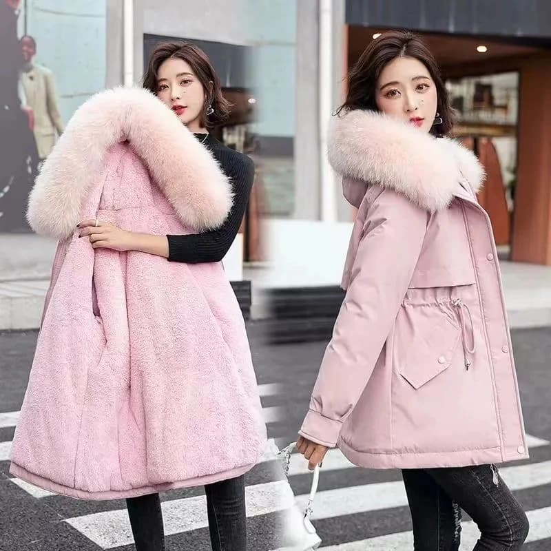 2026Winter New Korean Edition Loose Thicken Cotton Jacket Women's Big Fur Collar Hooded Coat Female Casual Warm Parker Overcoat