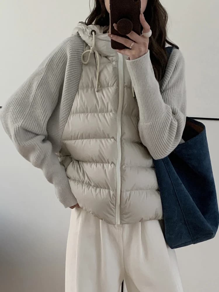 Lightweight Knitted Sleeve Patchwork down Cotton Jacket Women's Short Fake Two-Piece Hooded Cotton Coat Outerwear Warmth